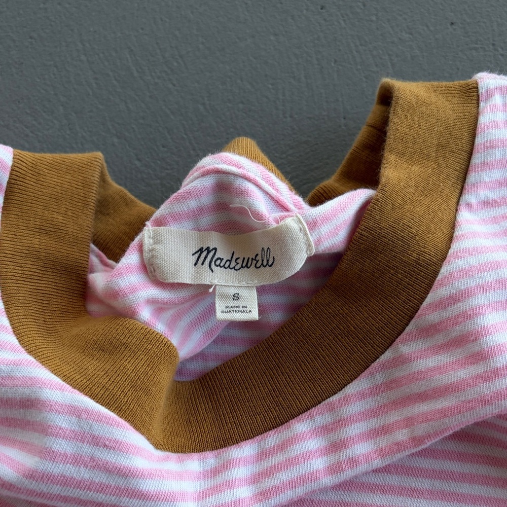 Madewell Pink Striped Tee with Brown Collar Size Small 100% Cotton - Picture 4 of 6